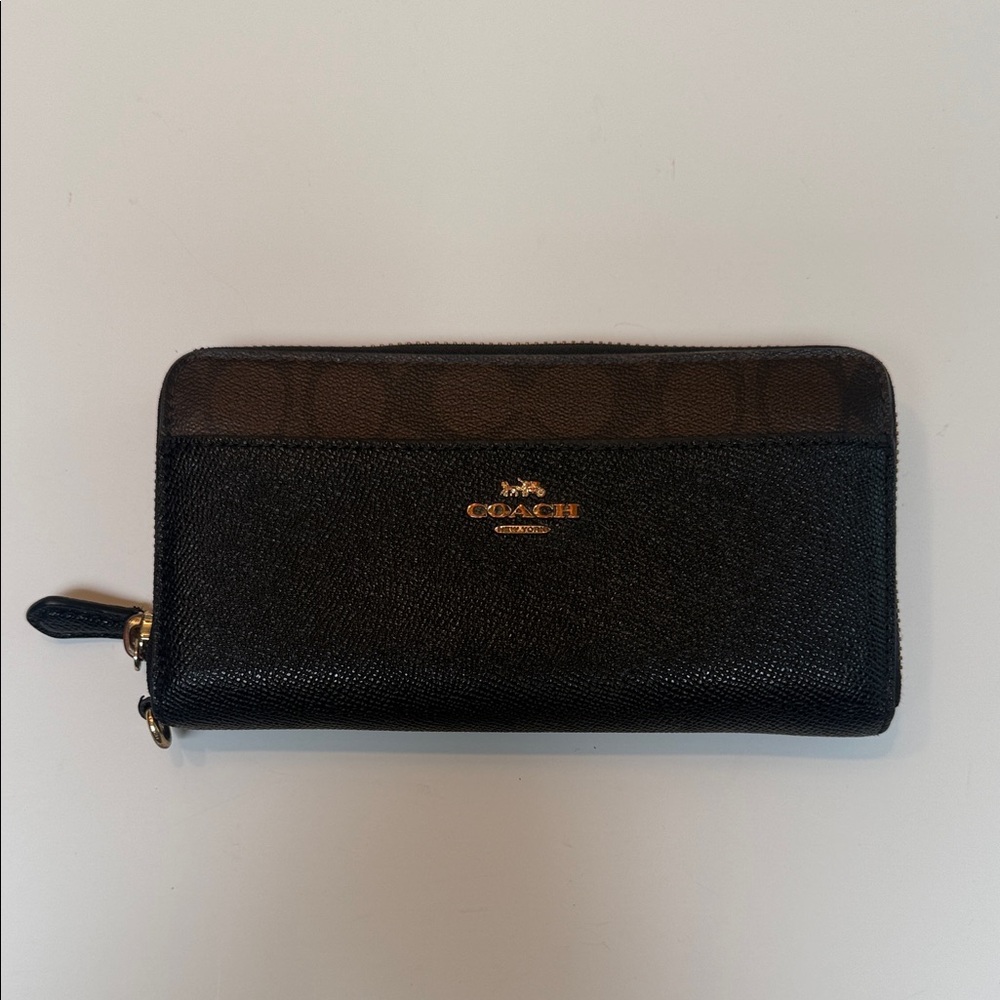 Coach Black Wallet with Brown Accent and Gold Hardware
